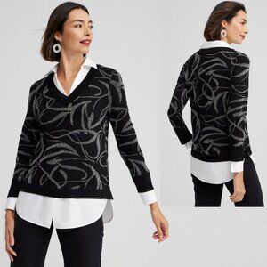 New Chico's Knit Woven Ribbon Print Sweater Size 1 US M